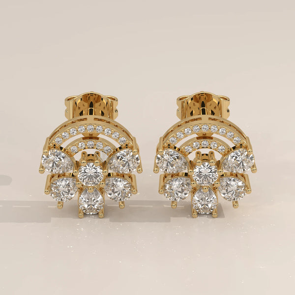 Pair Front View: Round Diamond Stud Earrings with Cluster Setting in Yellow Gold – Lab Grown – Driona Jewels