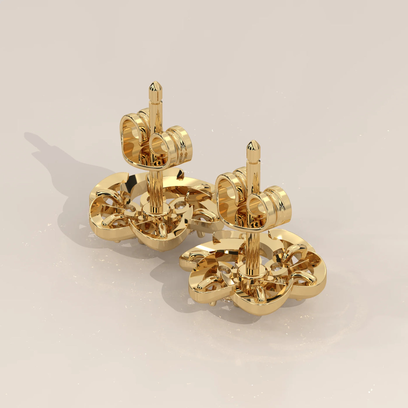 Angle View: Round Diamond Stud Earrings with Cluster Setting in Yellow Gold – Lab Grown – Driona Jewels