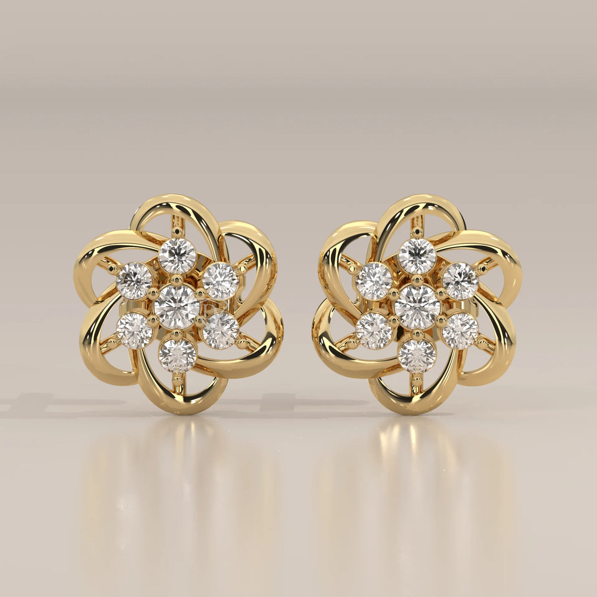 Front View: Round Diamond Stud Earrings with Cluster Setting in Yellow Gold – Lab Grown – Driona Jewels