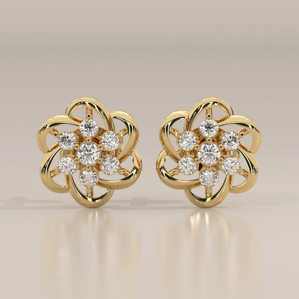 Front View: Round Diamond Stud Earrings with Cluster Setting in Yellow Gold – Lab Grown – Driona Jewels
