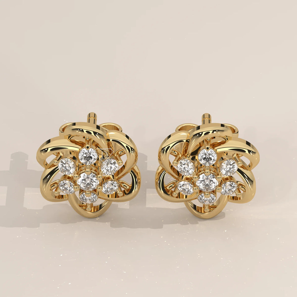 Pair Front View: Round Diamond Stud Earrings with Cluster Setting in Yellow Gold – Lab Grown – Driona Jewels