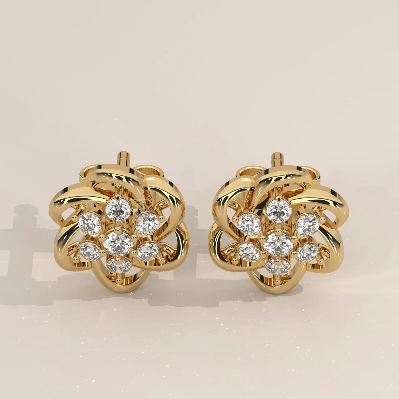 Pair Front View: Round Diamond Stud Earrings with Cluster Setting in Yellow Gold – Lab Grown – Driona Jewels