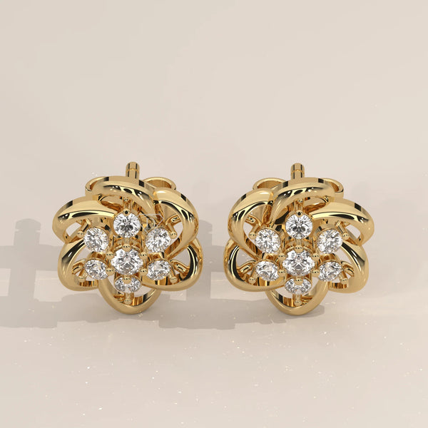 Pair Front View: Round Diamond Stud Earrings with Cluster Setting in Yellow Gold – Lab Grown – Driona Jewels