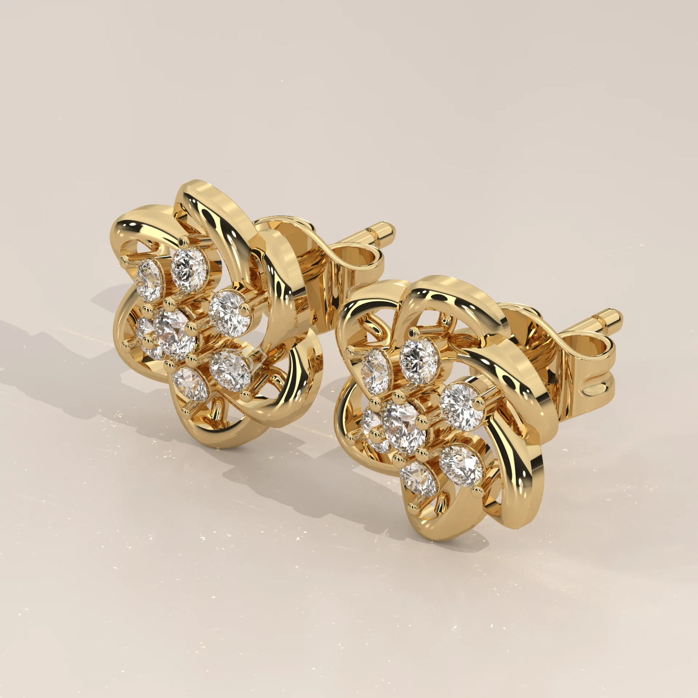 Three-Quarter View: Round Diamond Stud Earrings with Cluster Setting in Yellow Gold – Lab Grown – Driona Jewels