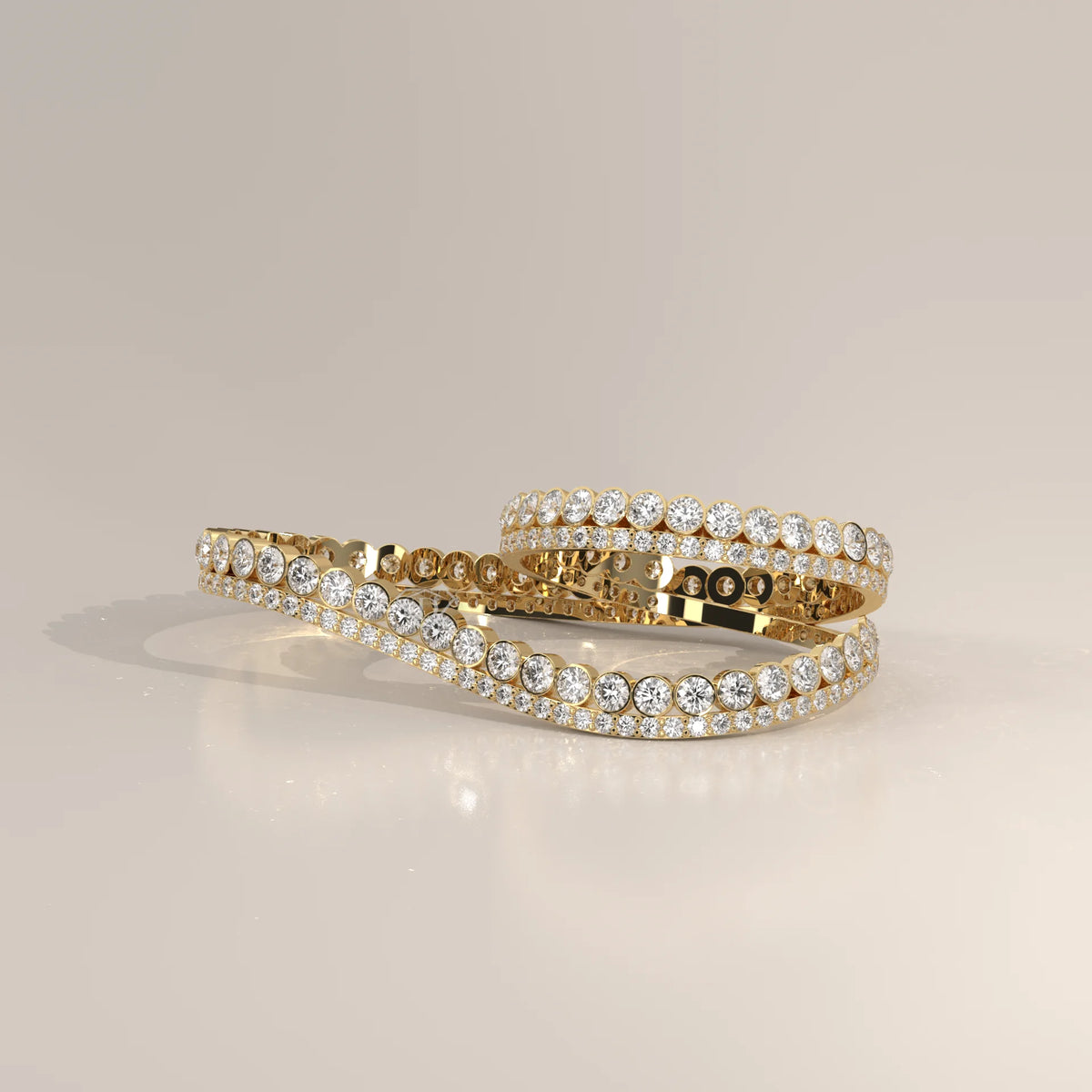 Round Lab Grown Diamond Two Finger Wave Ring with Bezel Row in yellow gold, shown on a plain background.