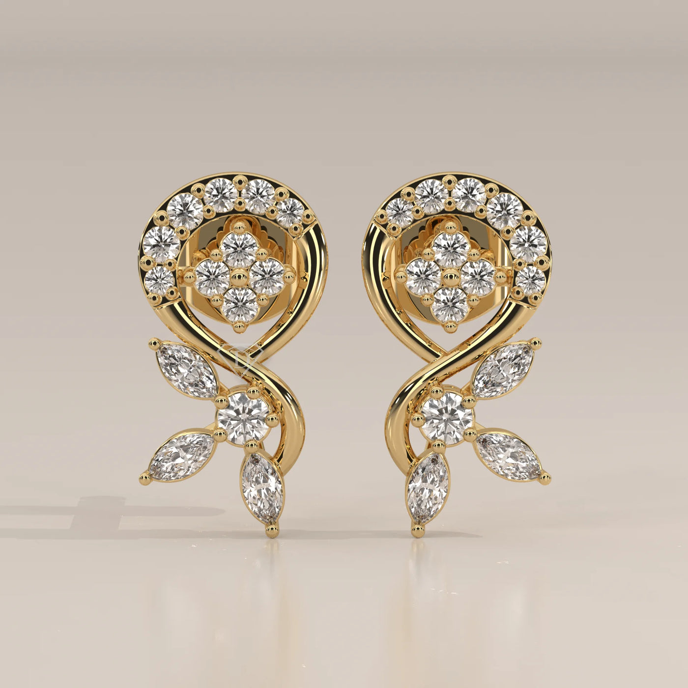 Front View: Round Diamond Drop Earrings with Halo Setting in Yellow Gold – Lab Grown – Driona Jewels