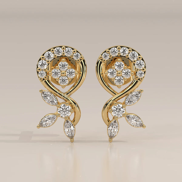 Front View: Round Diamond Drop Earrings with Halo Setting in Yellow Gold – Lab Grown – Driona Jewels