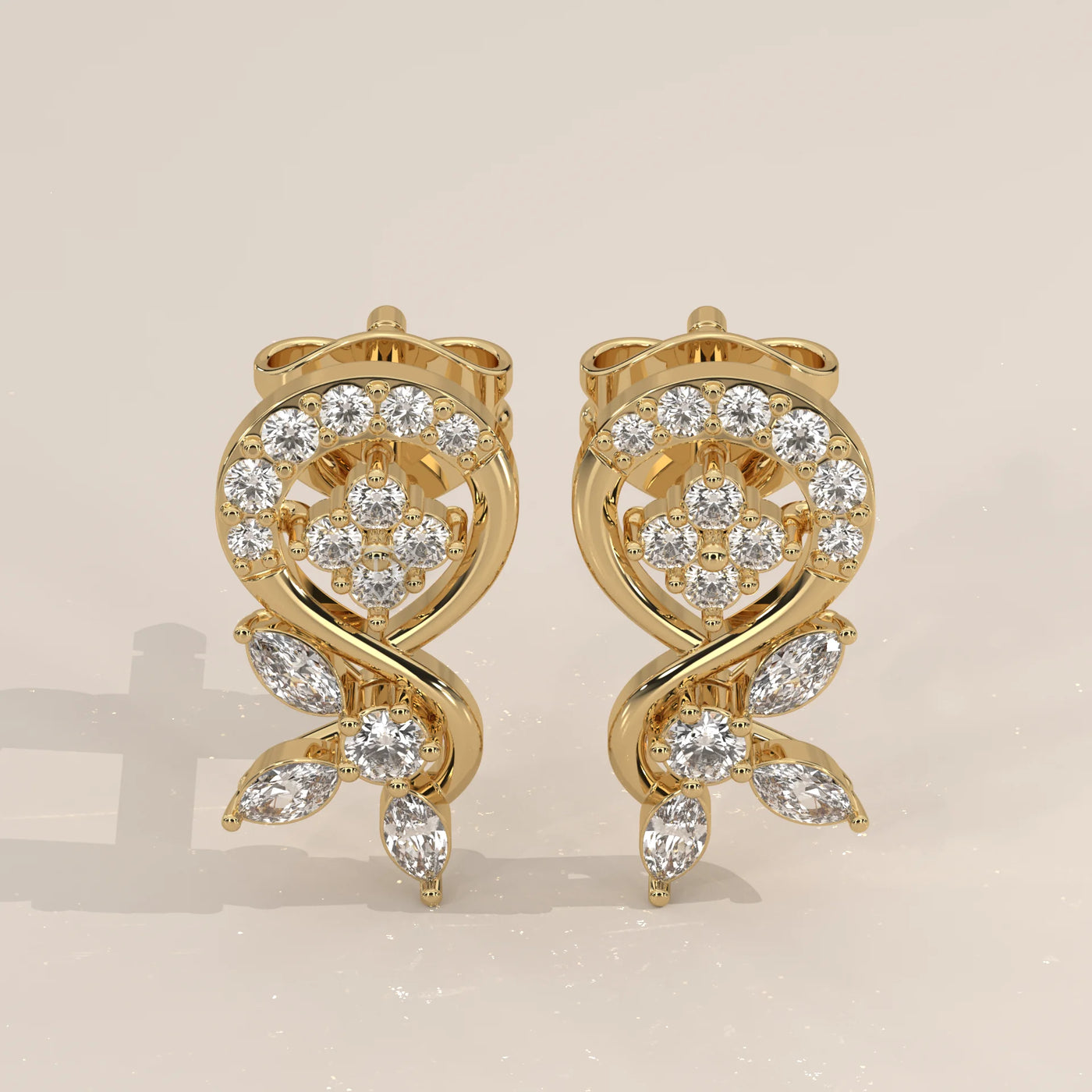 Pair Front View: Round Diamond Drop Earrings with Halo Setting in Yellow Gold – Lab Grown – Driona Jewels