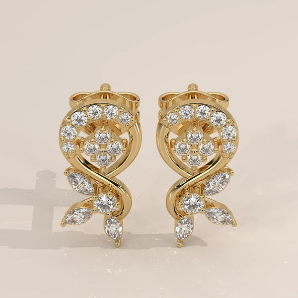 Pair Front View: Round Diamond Drop Earrings with Halo Setting in Yellow Gold – Lab Grown – Driona Jewels