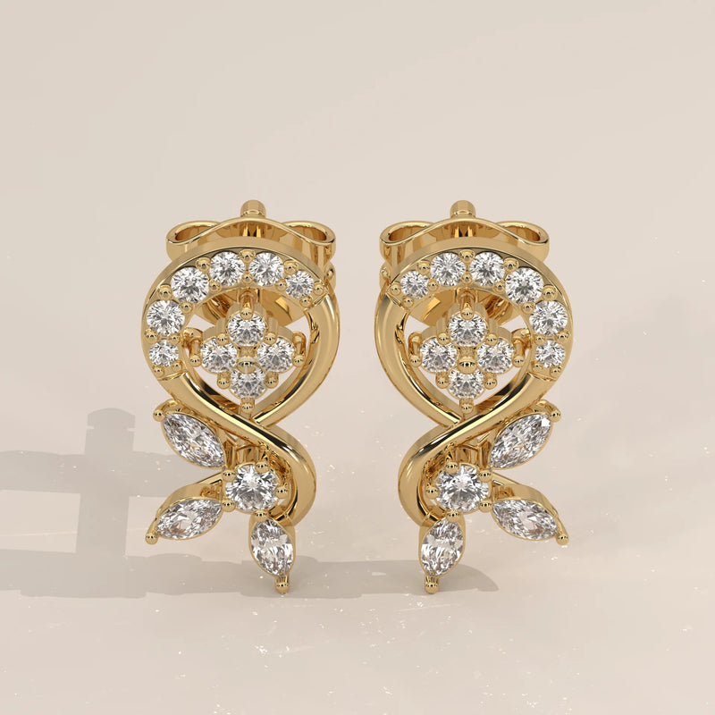 Pair Front View: Round Diamond Drop Earrings with Halo Setting in Yellow Gold – Lab Grown – Driona Jewels