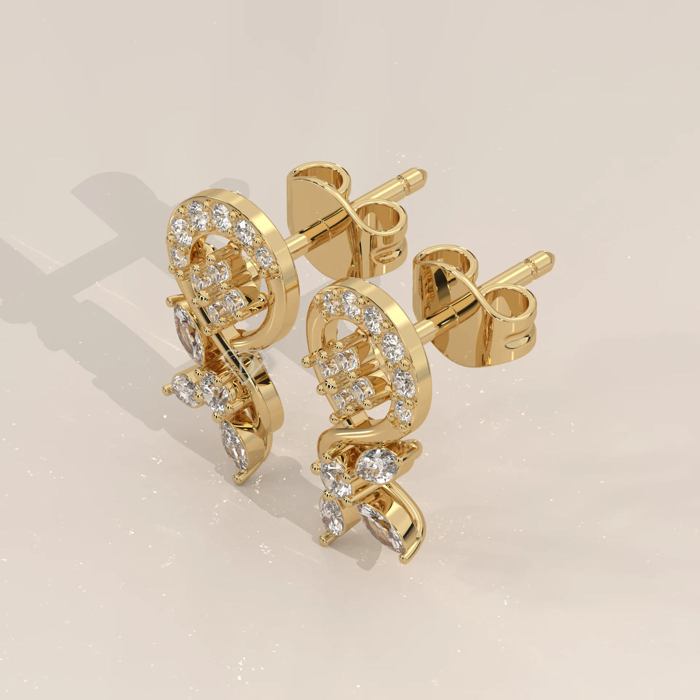Three-Quarter View: Round Diamond Drop Earrings with Halo Setting in Yellow Gold – Lab Grown – Driona Jewels