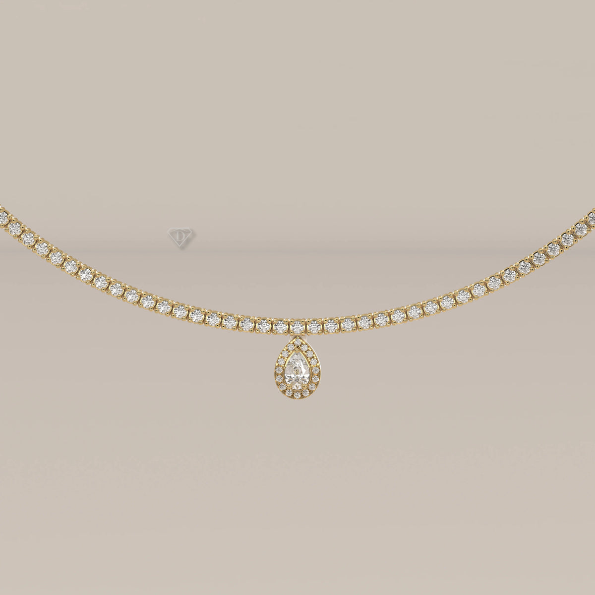 A pear halo lab grown diamond teardrop tennis necklace in yellow gold, front view on a plain background.
