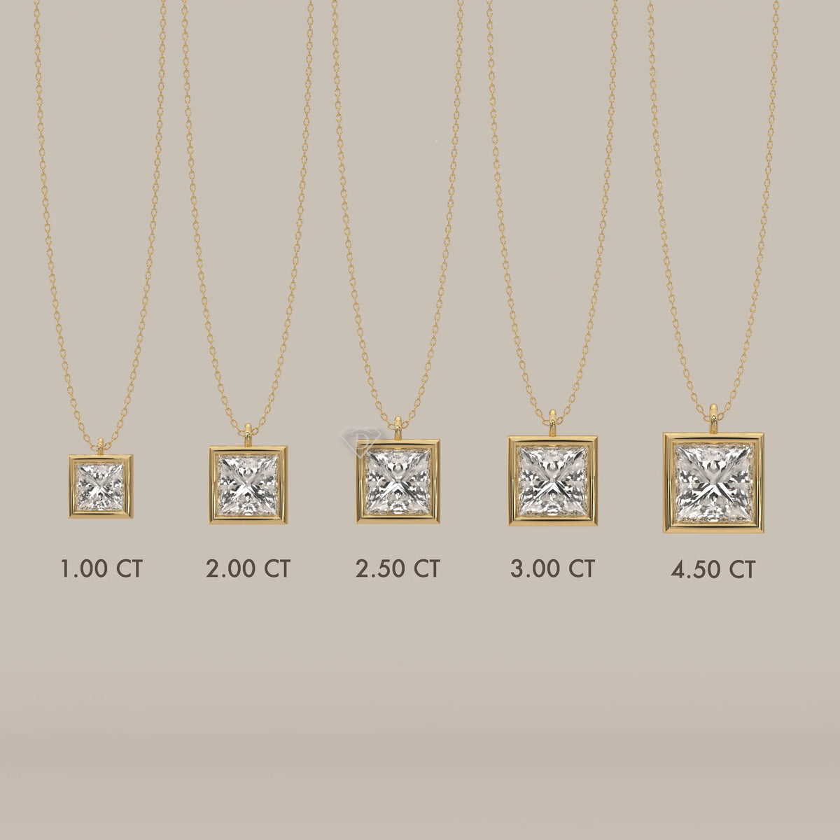 Comparison of princess cut diamond pendants in gold, showing different carat sizes.