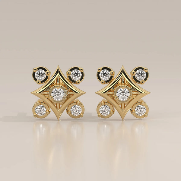 Front View: Round Diamond Stud Earrings with Cluster Setting in Yellow Gold – Lab Grown – Driona Jewels
