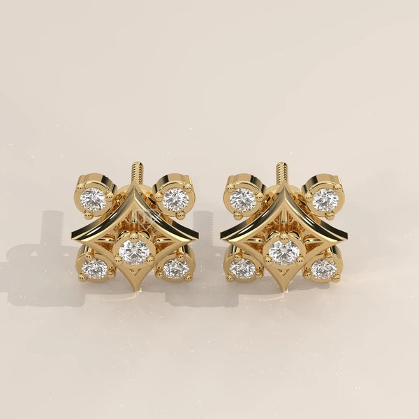 Pair Front View: Round Diamond Stud Earrings with Cluster Setting in Yellow Gold – Lab Grown – Driona Jewels