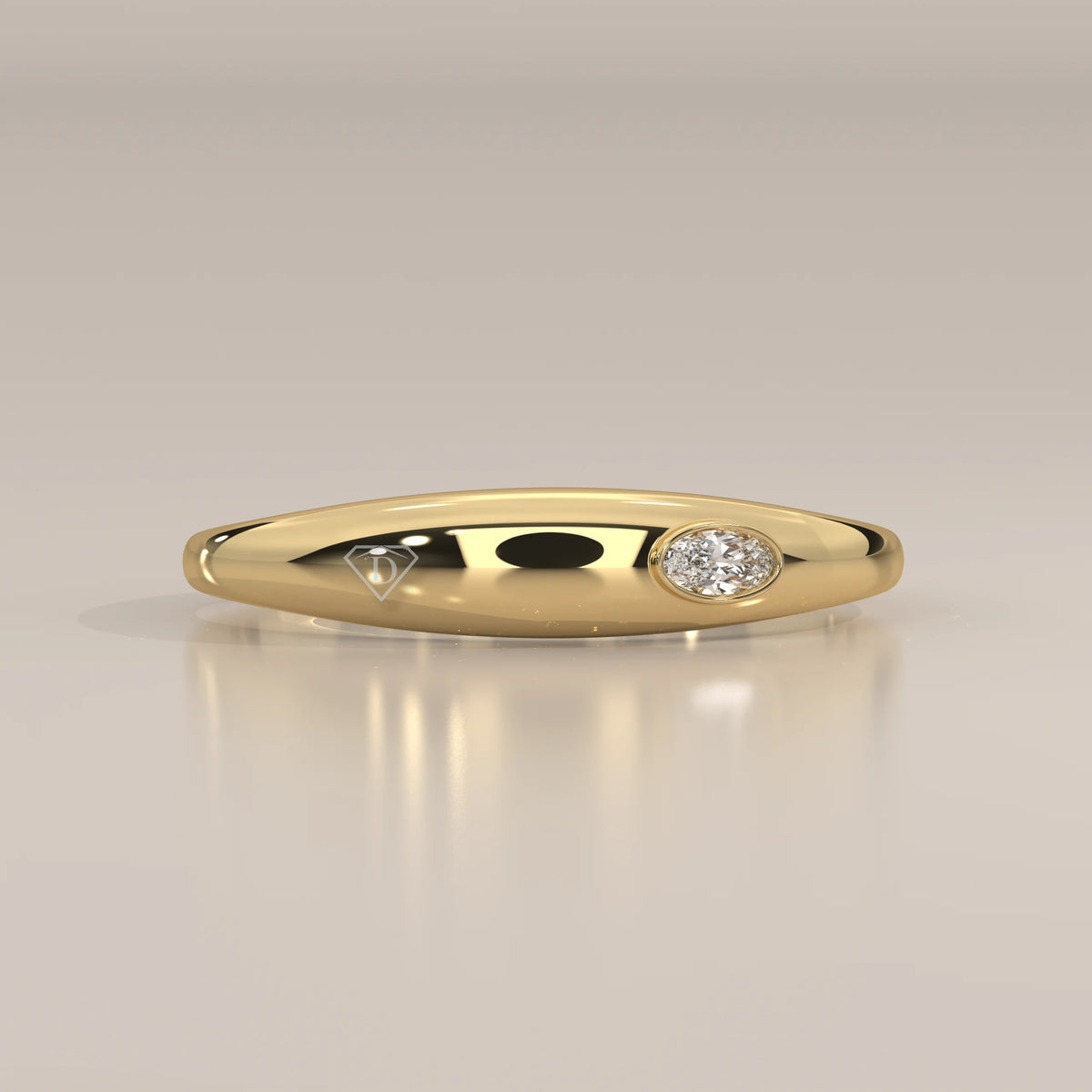 Domed Gold Band with a Flush Set East West Oval Diamond in yellow gold, photographed head-on.