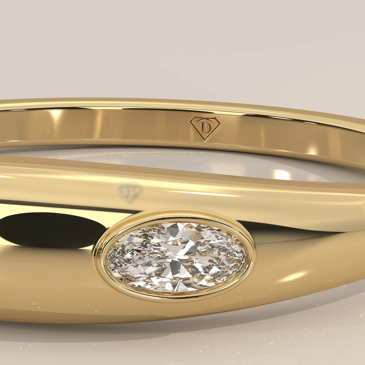 Domed Gold Band with a Flush Set East West Oval Diamond in yellow gold, front view on a plain background.
