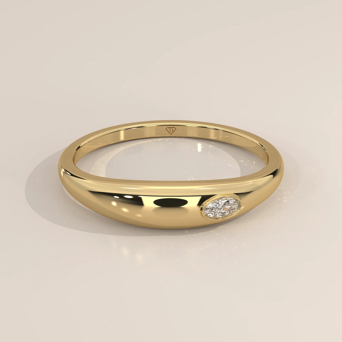 Domed Gold Band with a Flush Set East West Oval Diamond in yellow gold, shown from the front.
