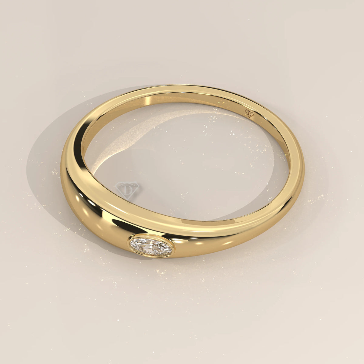 Domed Gold Band with a Flush Set East West Oval Diamond in yellow gold, shown from the side.
