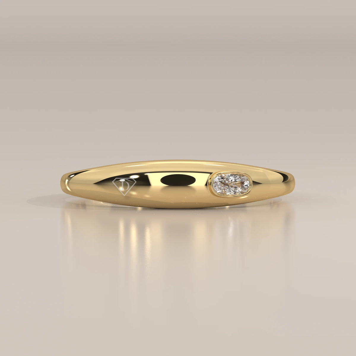 Domed Gold Band with a Flush Set Elongated Cushion Diamond in yellow gold, shown from the front.