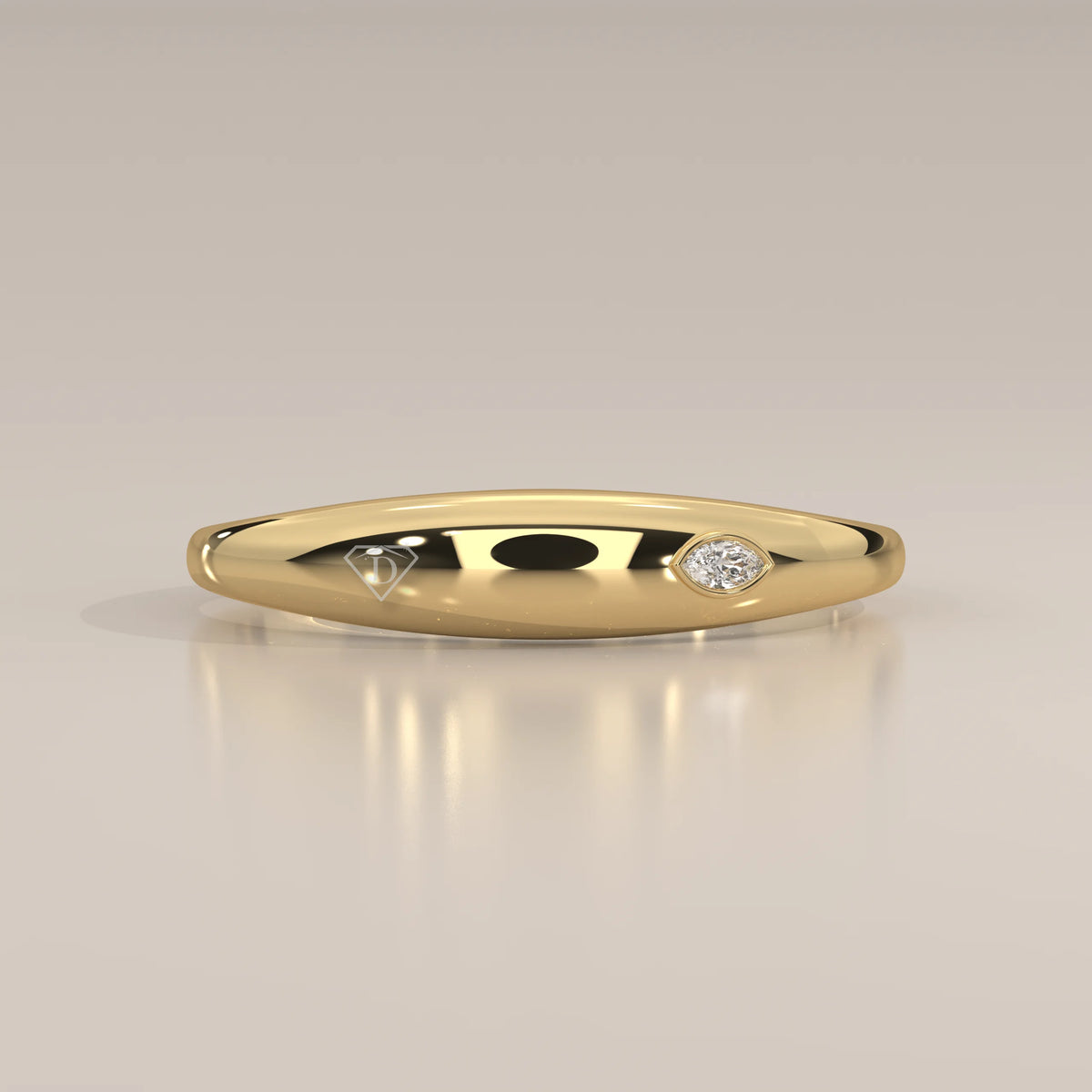Domed Gold Band with a Flush Set Marquise Cut Diamond in yellow gold, photographed head-on.
