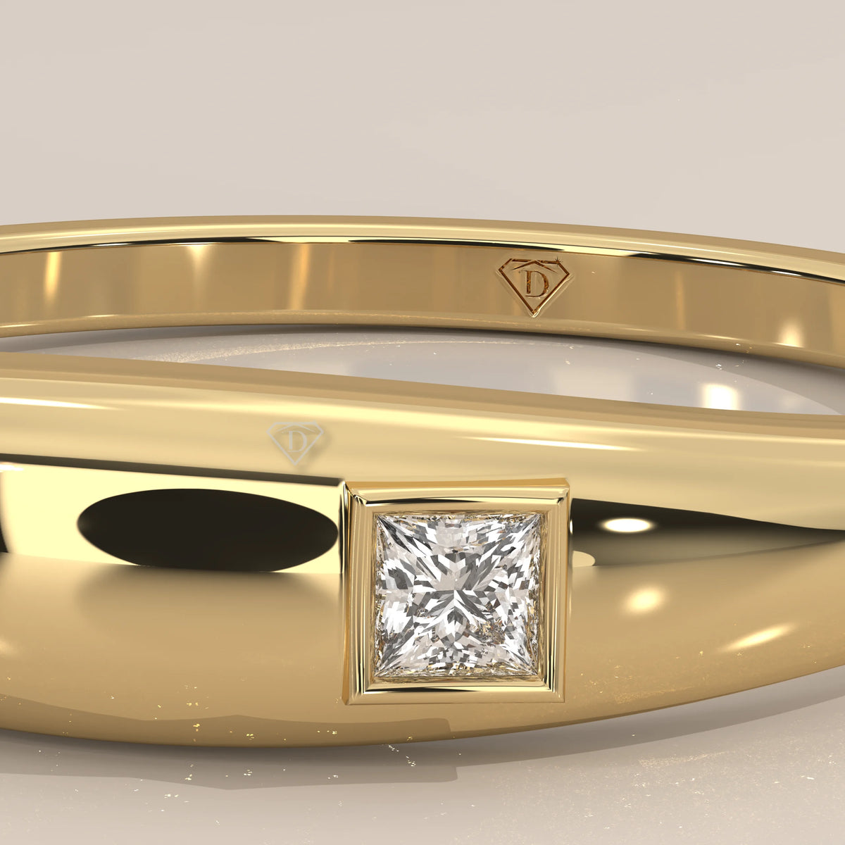 Domed Gold Band with a Flush Set Princess Cut Diamond in yellow gold, product photograph on a plain background.