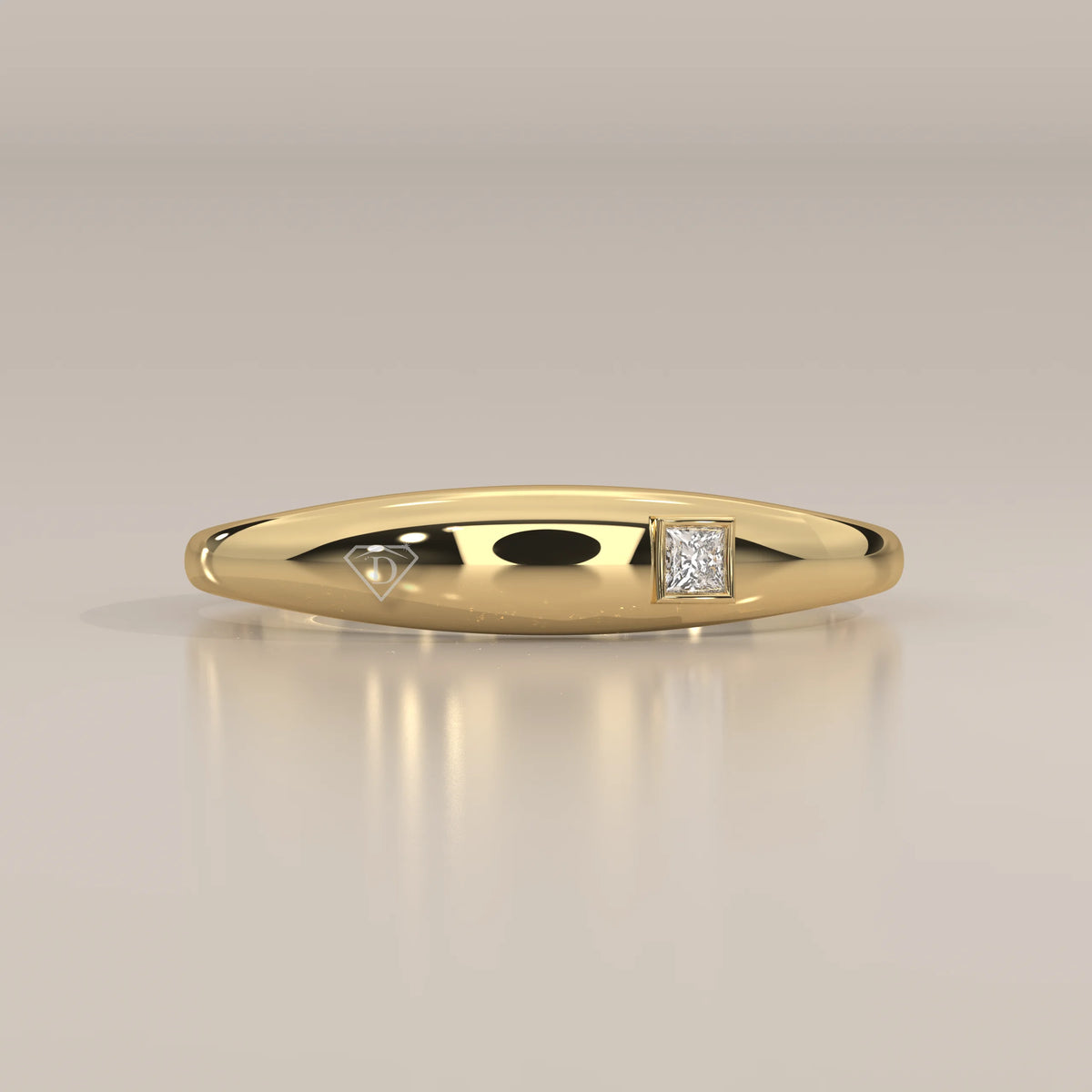 Domed Gold Band with a Flush Set Princess Cut Diamond in yellow gold, shown from the front.