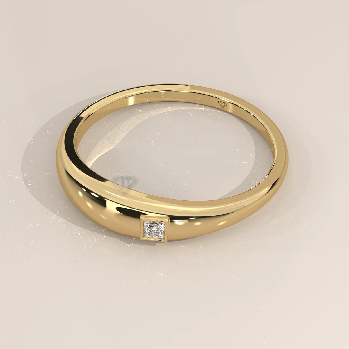 Domed Gold Band with a Flush Set Princess Cut Diamond in yellow gold, shown from the side.