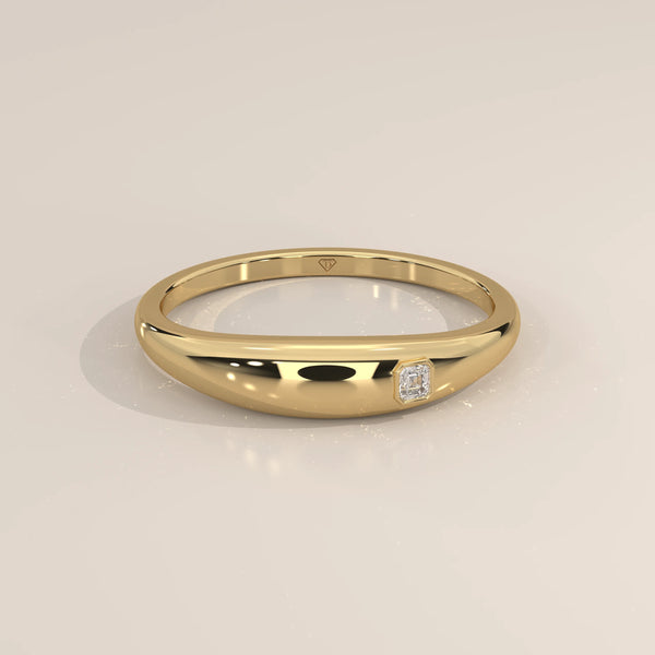 Domed Gold Band with a Flush Set Square Step Cut Diamond in yellow gold, shown from the front.