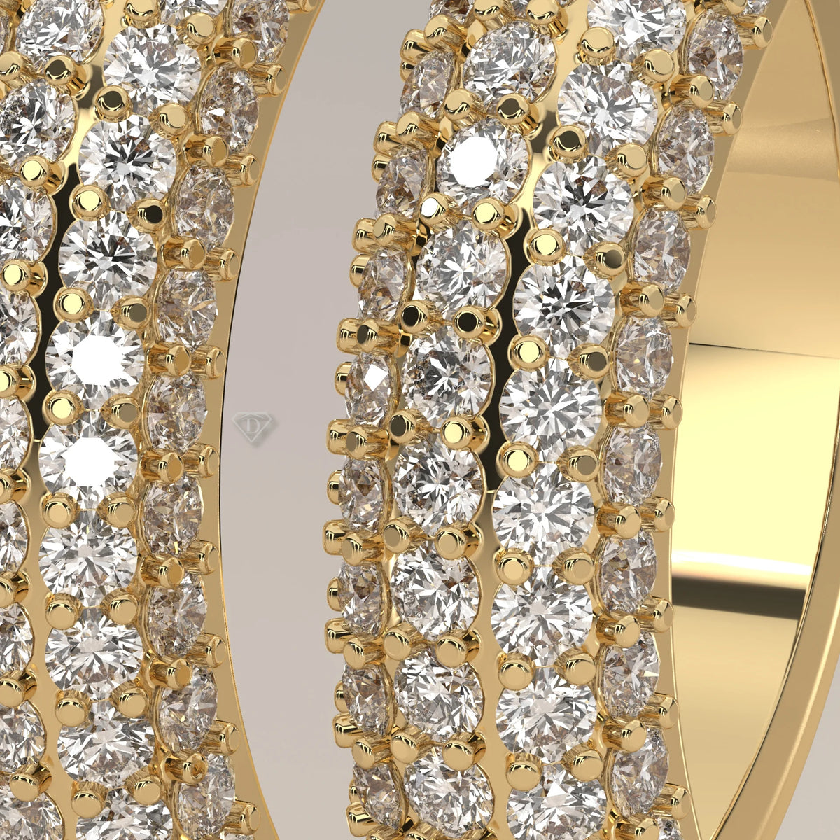 Domed Pave Round Lab Grown Diamond Hoop Earrings with Hinged Snap in yellow gold, shown on a plain background.