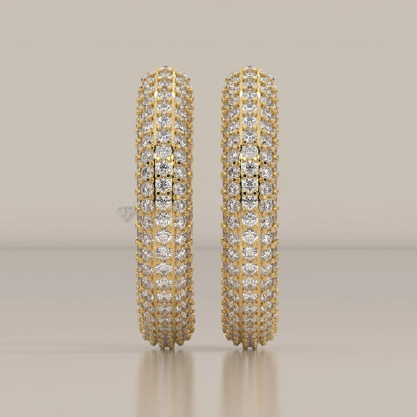 Domed Pave Round Lab Grown Diamond Hoop Earrings with Hinged Snap in yellow gold, shown from the front.