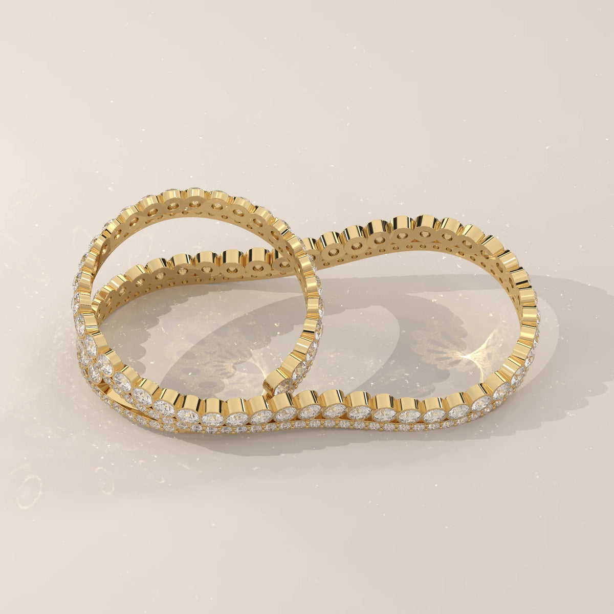Round Lab Grown Diamond Two Finger Wave Ring with Bezel Row in yellow gold, studio product photograph.
