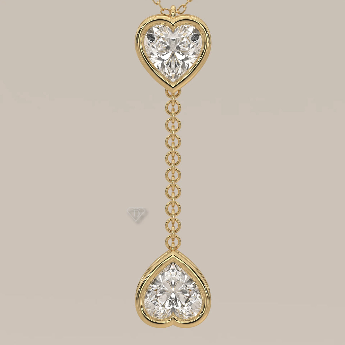 Double Bezel Heart Lab Grown Diamond Lariat Drop Pendant in yellow gold, front view on a plain background.