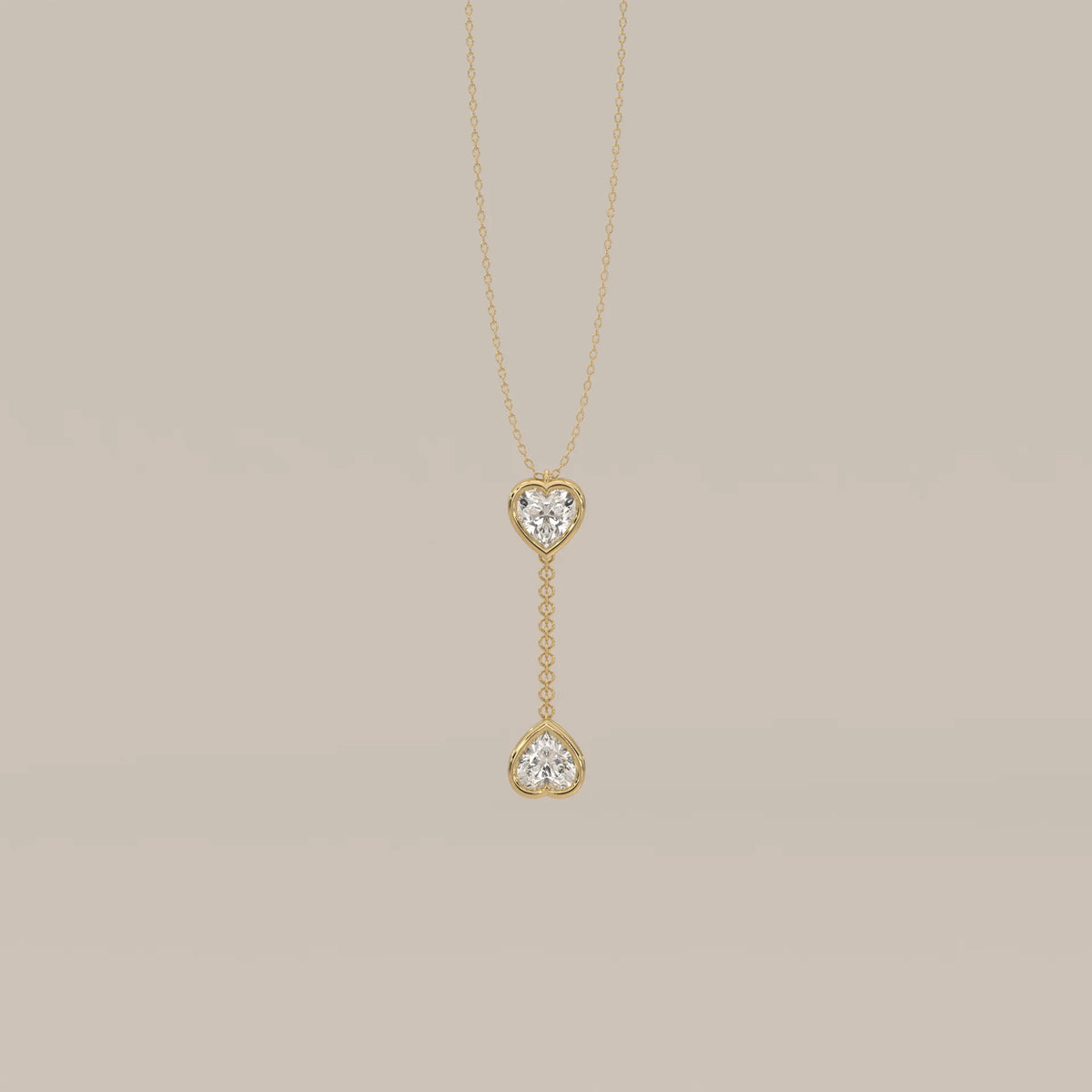 Double Bezel Heart Lab Grown Diamond Lariat Drop Pendant in yellow gold, shown from the front.
