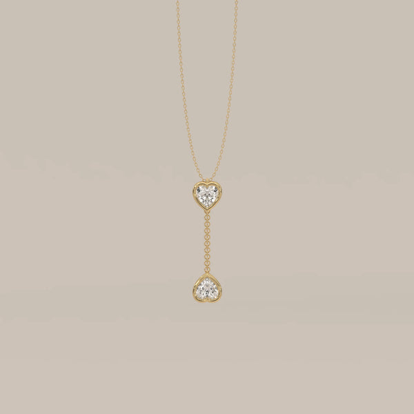 Double Bezel Heart Lab Grown Diamond Lariat Drop Pendant in yellow gold, shown from the front.