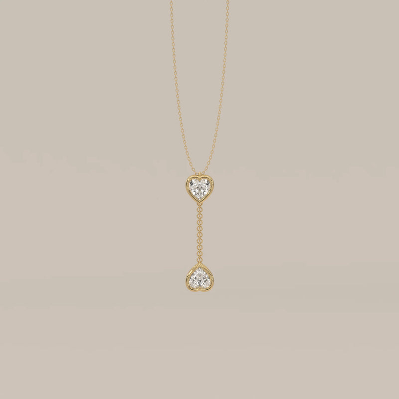 Double Bezel Heart Lab Grown Diamond Lariat Drop Pendant in yellow gold, shown from the front.