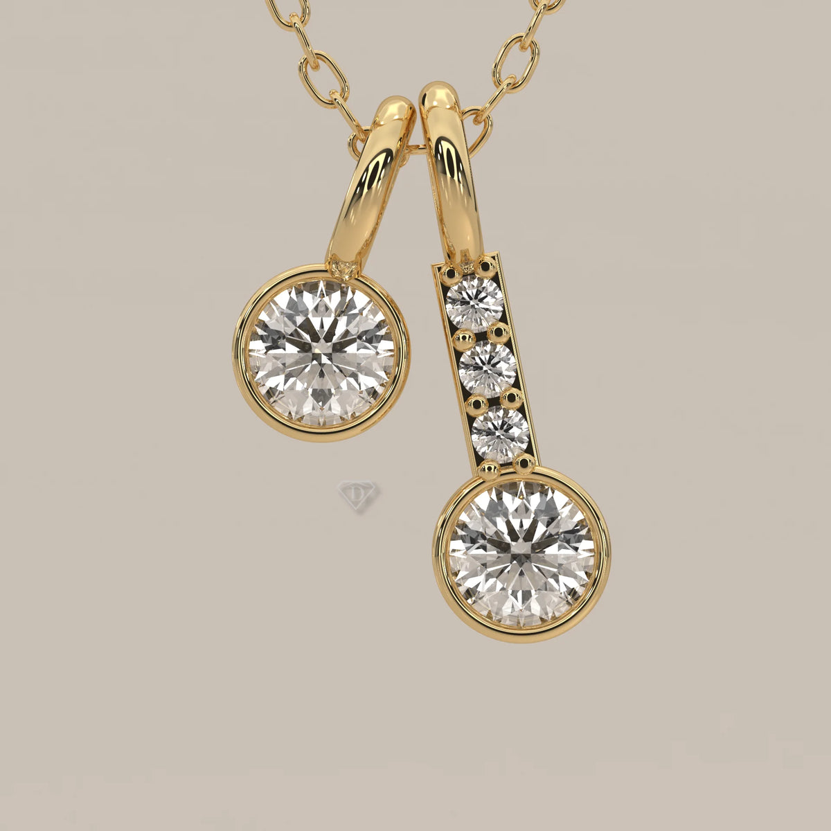 Double Drop Bezel Round Lab Grown Diamond Pendant with Pave Stem in yellow gold, front view on a plain background.