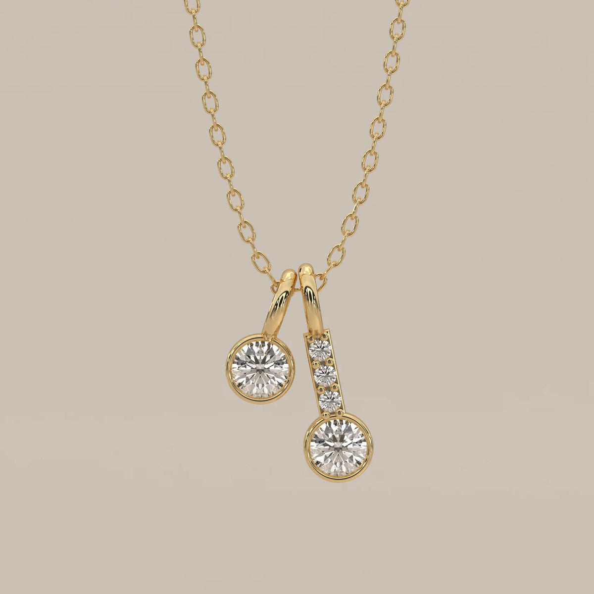 Double Drop Bezel Round Lab Grown Diamond Pendant with Pave Stem in yellow gold, shown from the front.