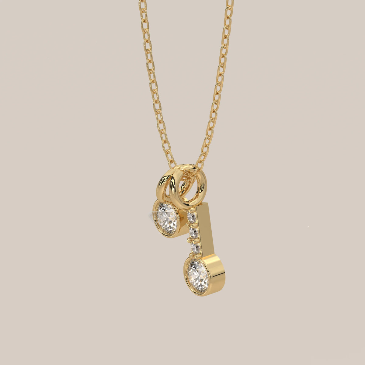 Double Drop Bezel Round Lab Grown Diamond Pendant with Pave Stem in yellow gold, shown from the side.