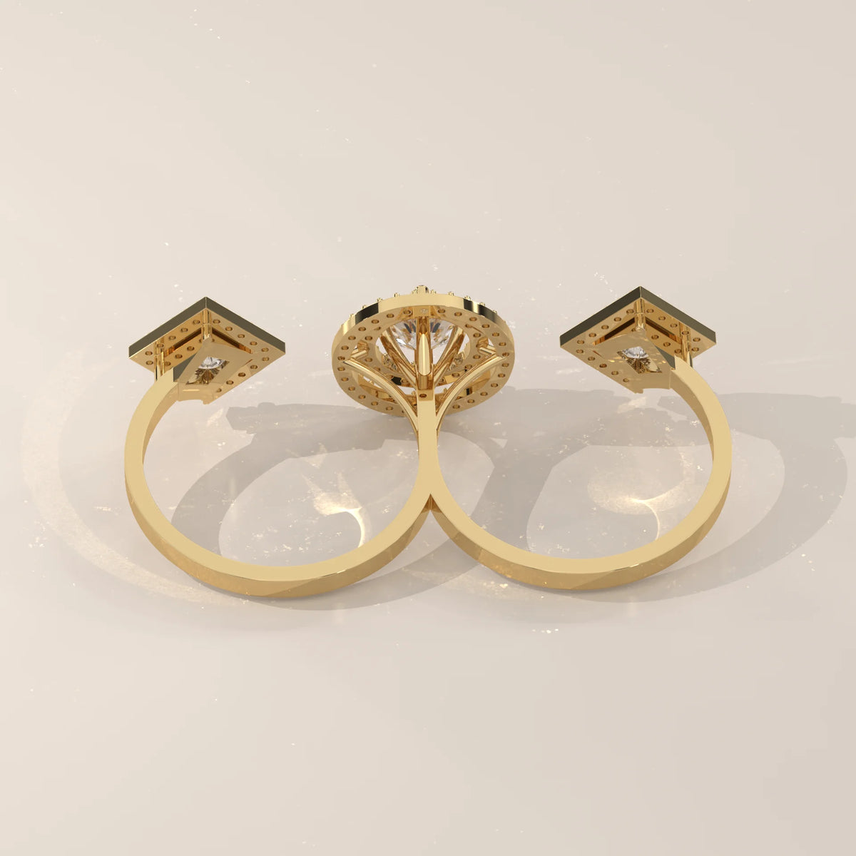 Round Double Halo Lab Grown Diamond Two Finger Ring with Princess Ends in yellow gold, shown on a plain background.