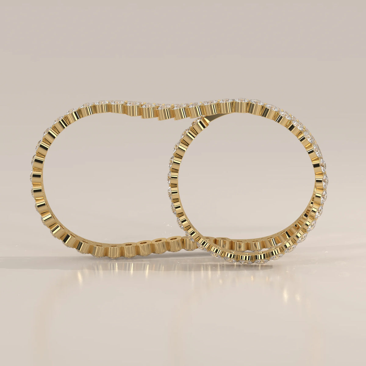Round Lab Grown Diamond Two Finger Wave Ring with Bezel Row in yellow gold, shown from the front.