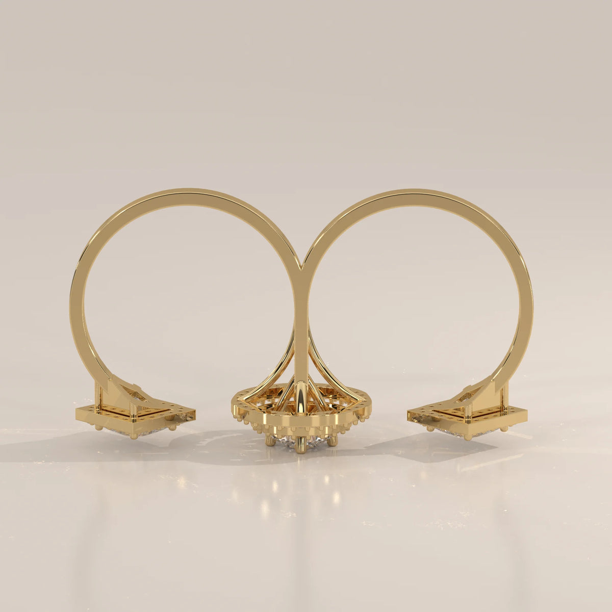 Round Double Halo Lab Grown Diamond Two Finger Ring with Princess Ends in yellow gold, shown from the side.