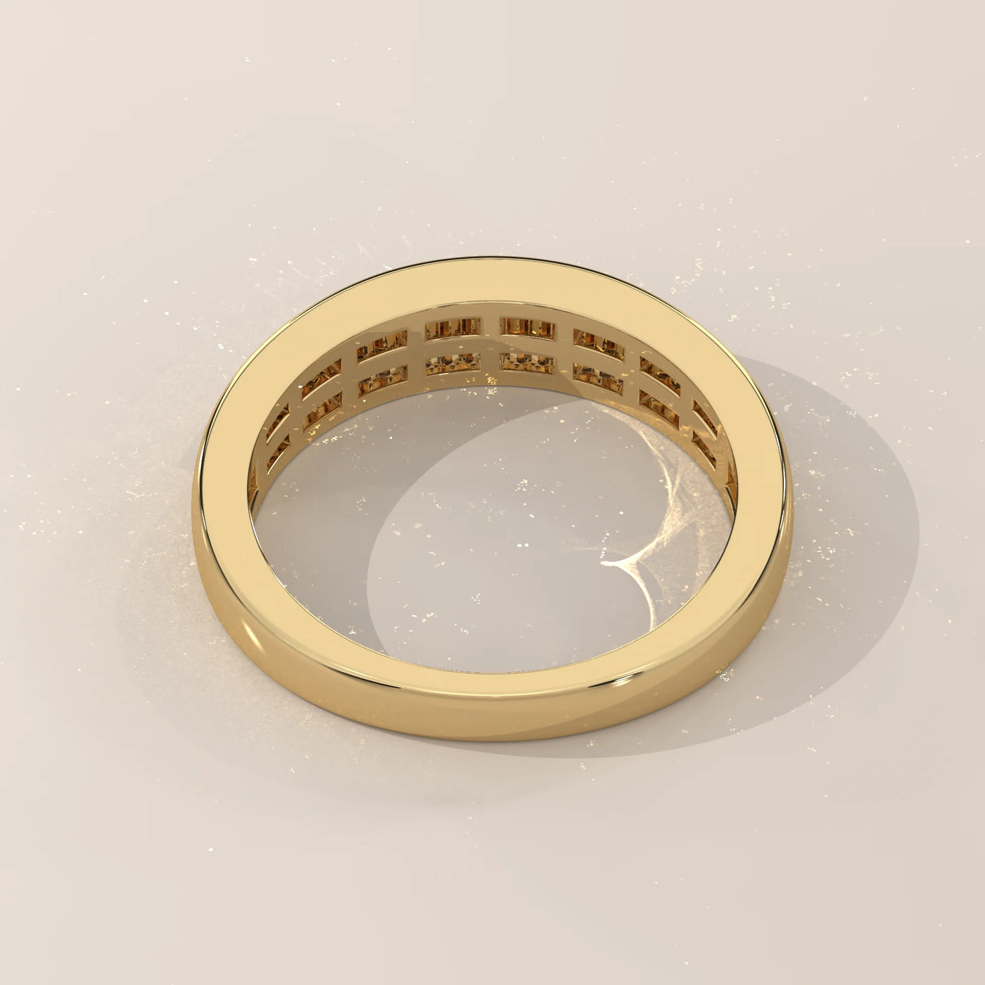A yellow gold band ring with two rows of channel-set diamonds.