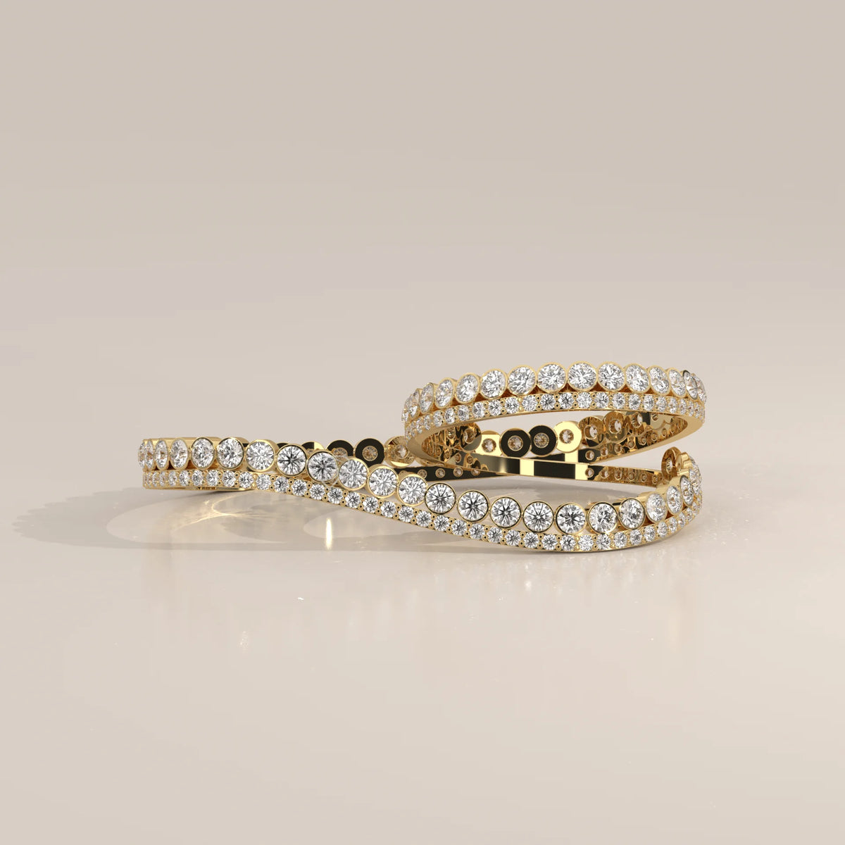 Round Lab Grown Diamond Two Finger Wave Ring with Bezel Row in yellow gold, shown from the side.