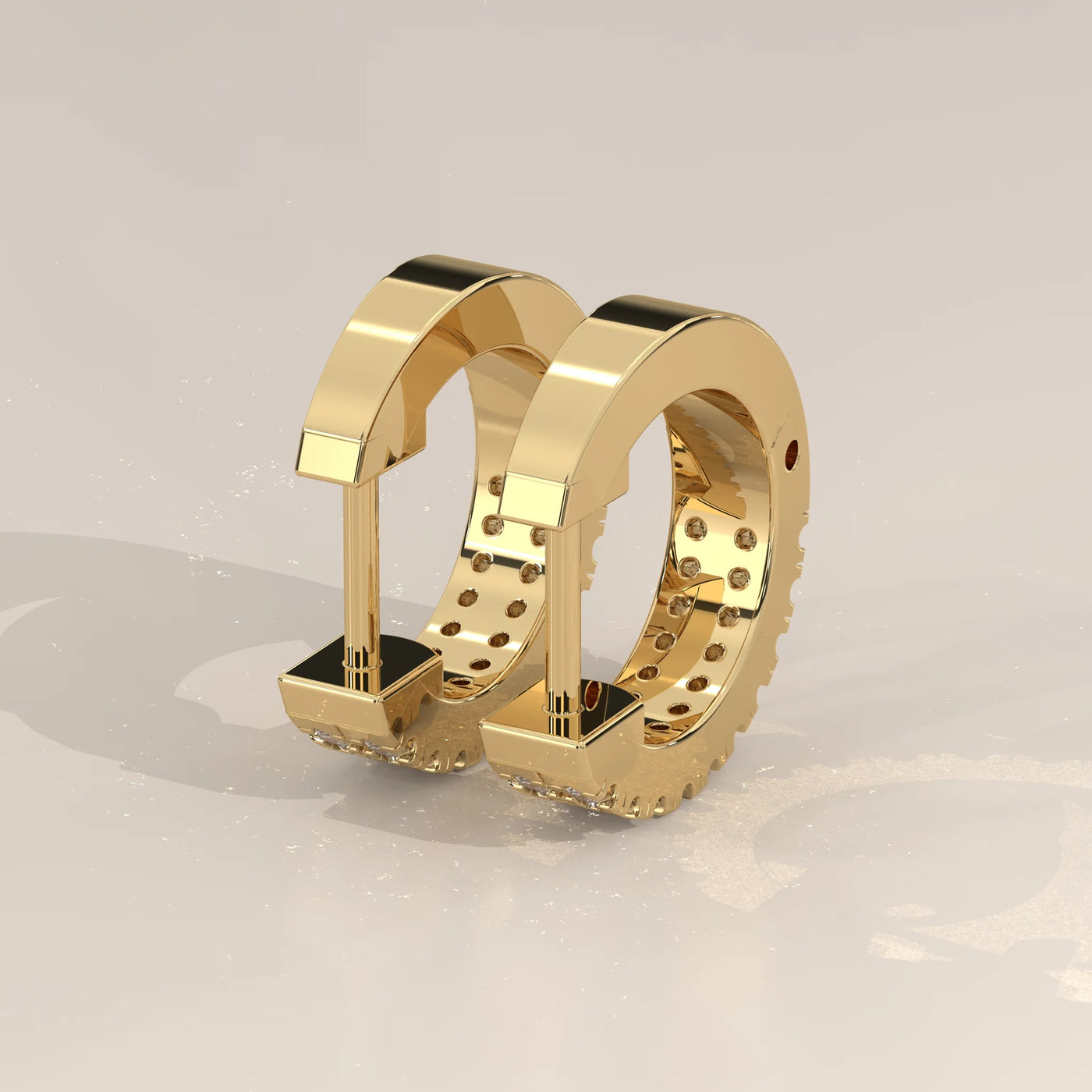Angle View: Round Diamond Huggie Hoop Earrings with Prong Setting in Yellow Gold – Lab Grown – Driona Jewels