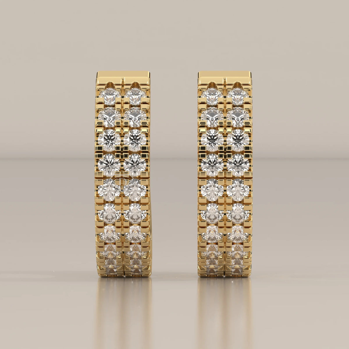 Front View: Round Diamond Huggie Hoop Earrings with Prong Setting in Yellow Gold – Lab Grown – Driona Jewels