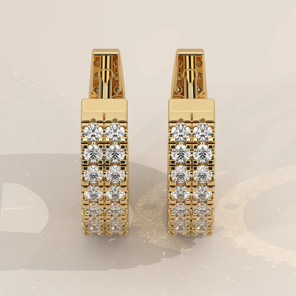 Pair Front View: Round Diamond Huggie Hoop Earrings with Prong Setting in Yellow Gold – Lab Grown – Driona Jewels