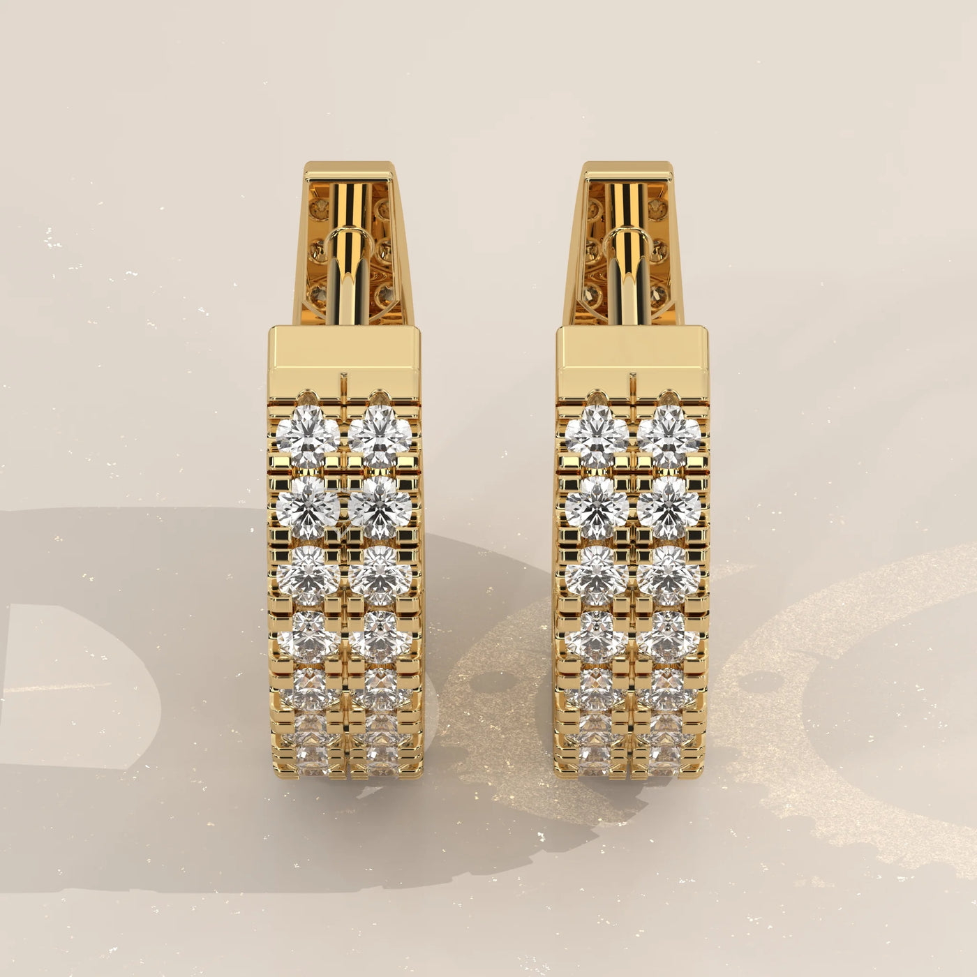 Pair Front View: Round Diamond Huggie Hoop Earrings with Prong Setting in Yellow Gold – Lab Grown – Driona Jewels