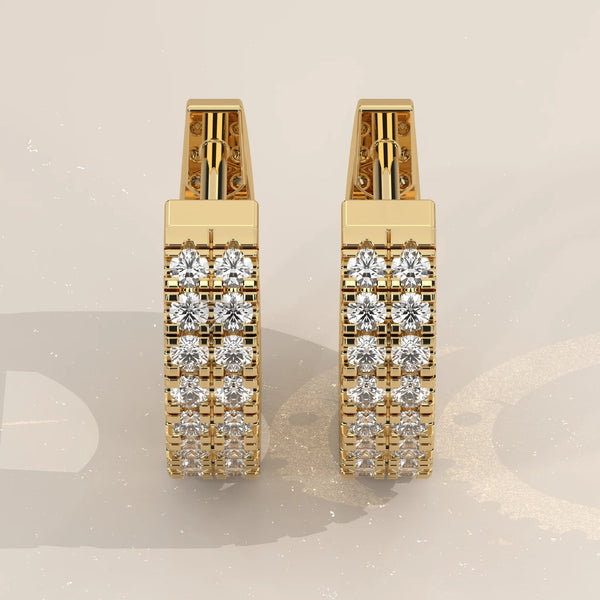 Pair Front View: Round Diamond Huggie Hoop Earrings with Prong Setting in Yellow Gold – Lab Grown – Driona Jewels