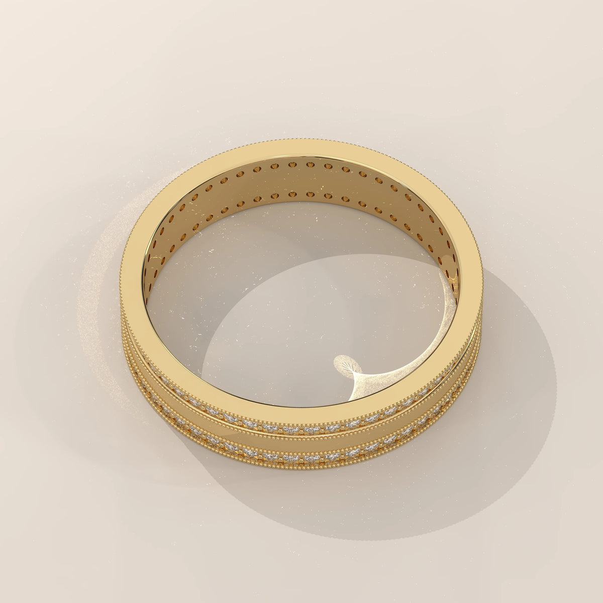 Round Lab Grown Diamond Double Row Pave Band with Milgrain Edges in yellow gold, photographed head-on.